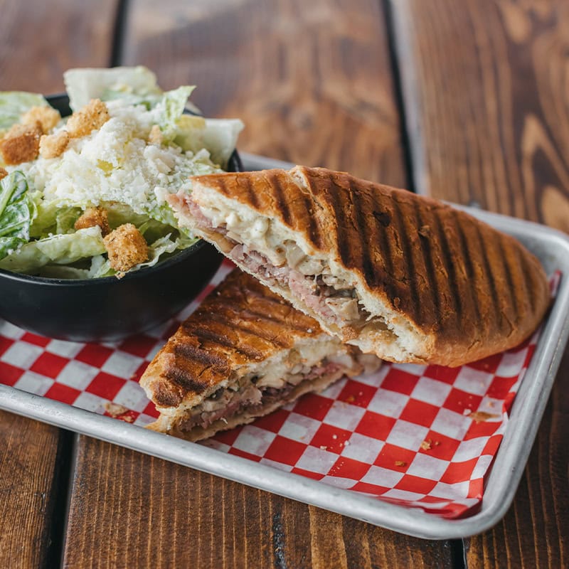 philly cheese steak panini at red bird brewing, kelowna